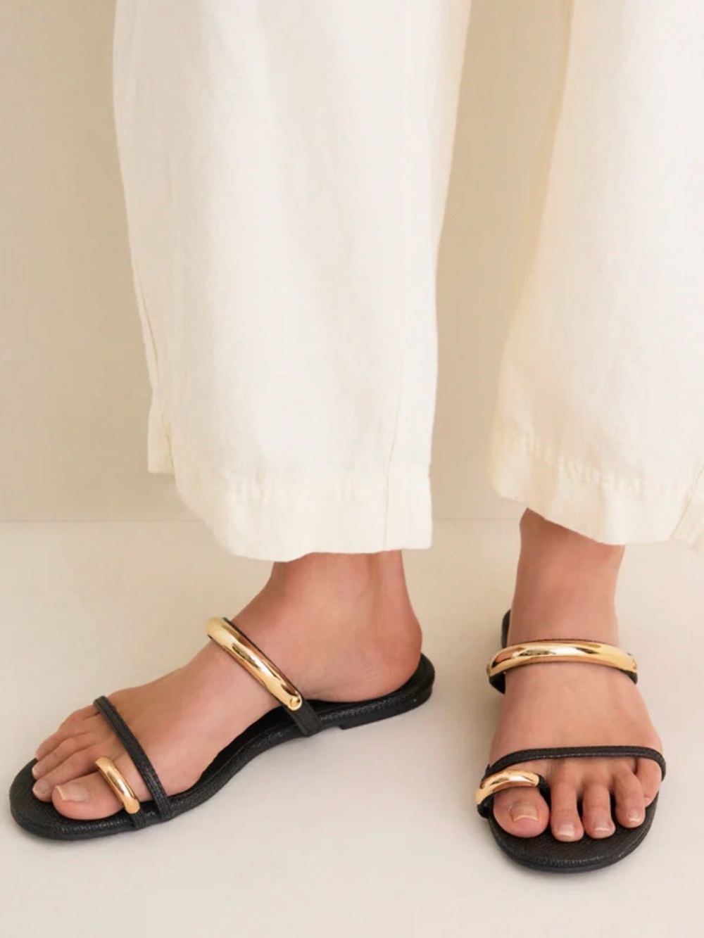 Gold-Accent Black Slide Sandals